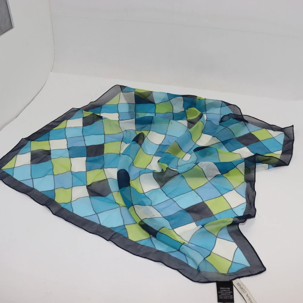 Casual Corner Silk Scarf 20x21 Blue Green Womens Geometric‎ Sheer Italy